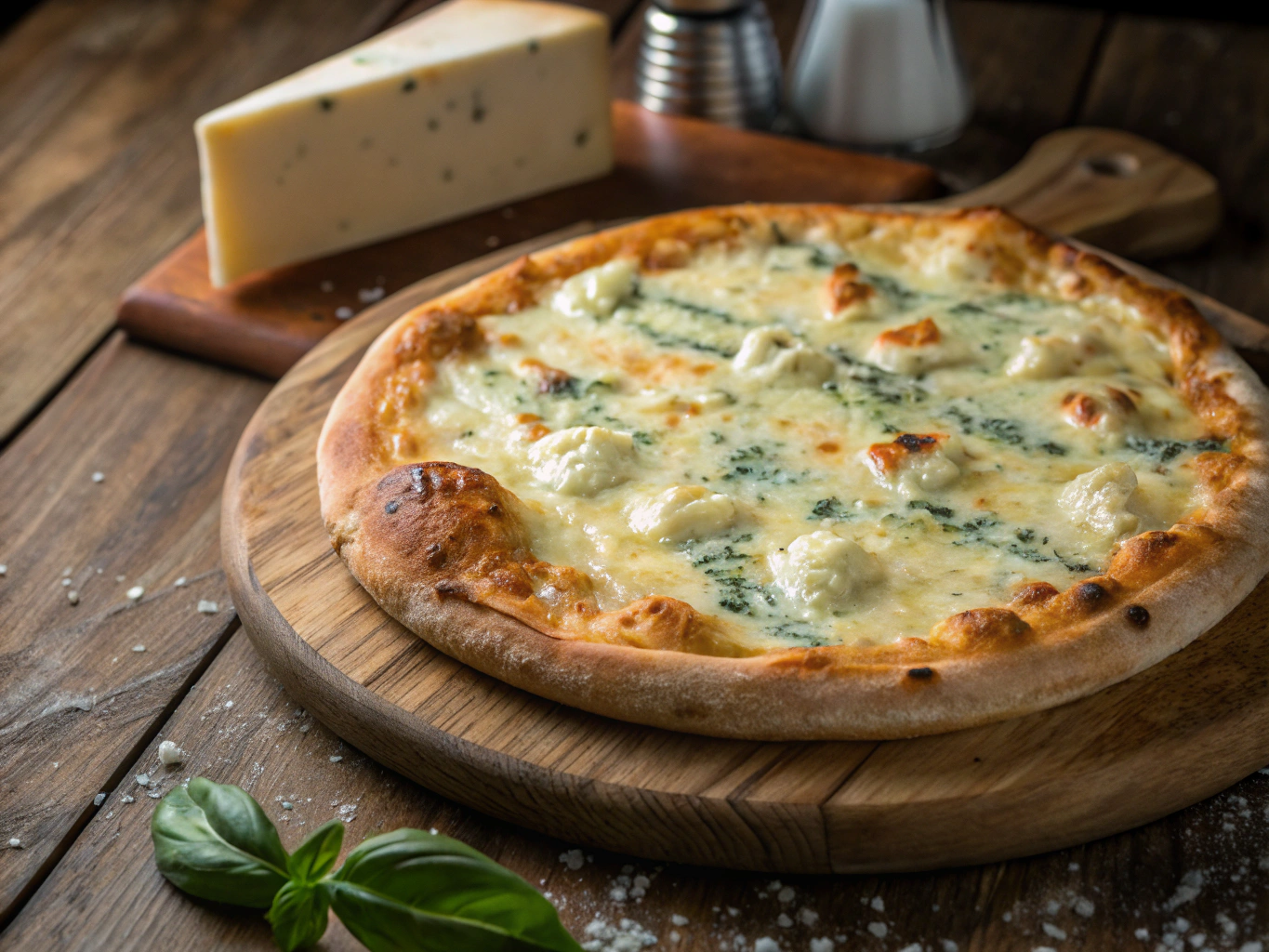 Four cheese pizza with walnuts and herbs