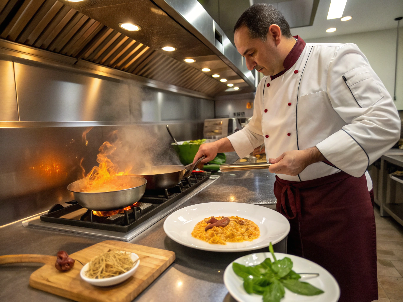 Chef meticulously plating artisanal dishes on the open kitchen line at MISTO