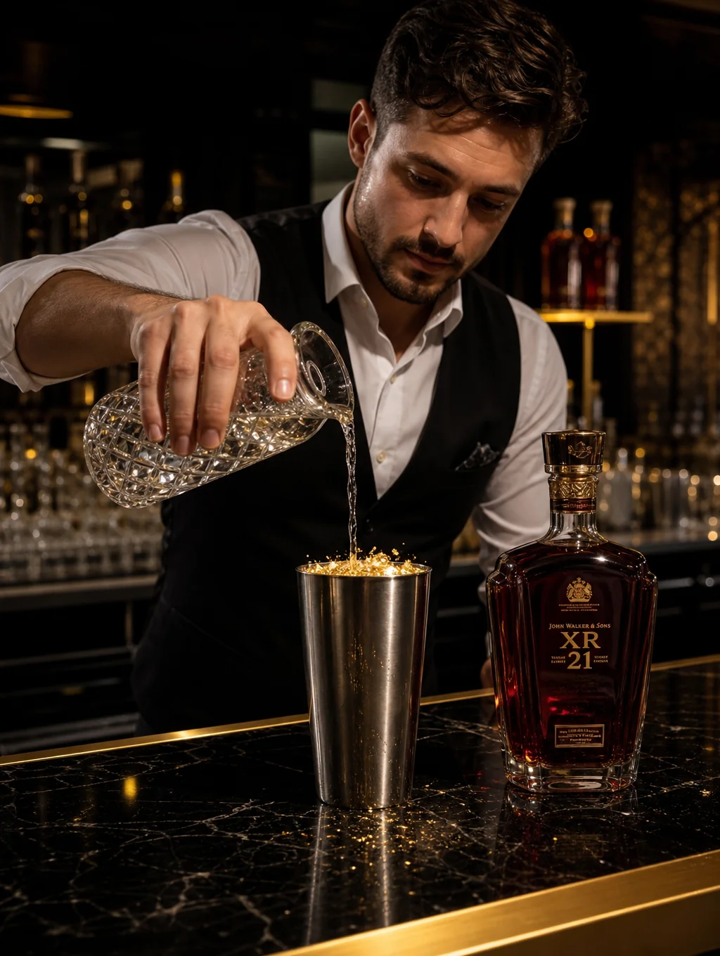 Lead Mixologist Luca Moretti crafting a signature Italian cocktail