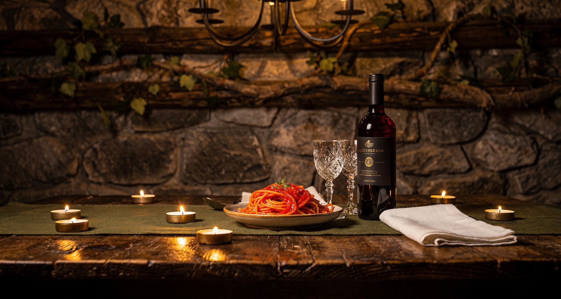 Intimate candlelit wine cellar table with vintage Italian bottles