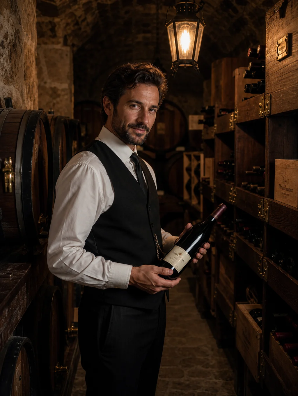 Head Sommelier Elena Bianchi selecting a vintage wine bottle